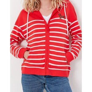 NWT Womens Joules Red & White Striped Zip-Up Hoodie w/Dachshund Embroidery